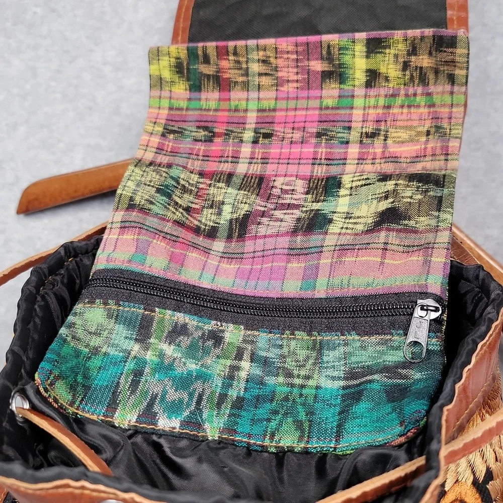 Handmade Guatemalan Leather and Embroidery Cotton Boho Backpack Artisan Floral